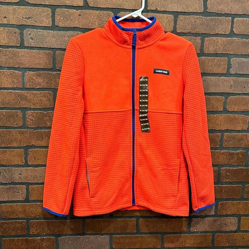 NEW! GIRLS LANDS' END FULL ZIP BRUSHED GRID FLEECE JACKET! HAND POCKETS! VARIETY